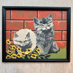 VTG Paint By Number Fluffy Persian Kitty Cats w/ Flowers Framed Painting